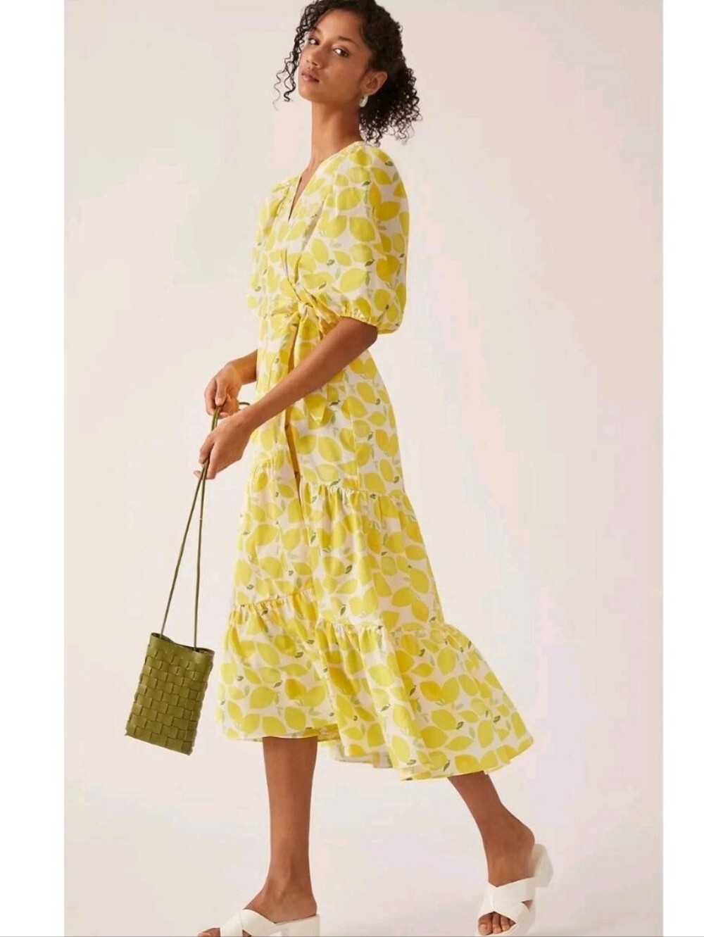 NWOT Anthropologie Hutch V-Neck Tiered Wrap Midi Dress Sz XS Lemon Citrus Cotton